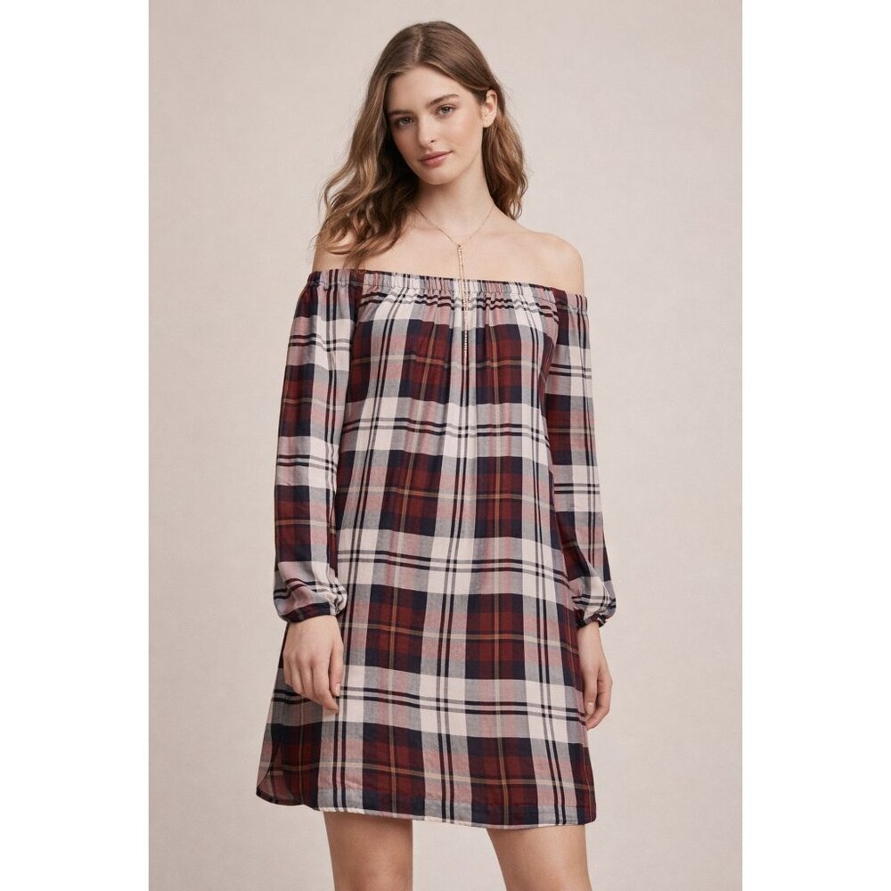 Cloth & Stone Red Blue Big Tartan Plaid Off the Shoulder Dress, Sz S